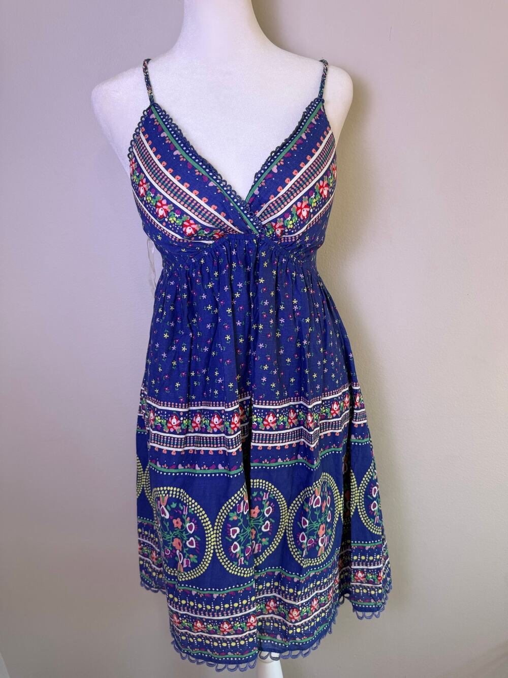 Vintage Anthropologie Minuet Blue Floral Cotton Empire Waist Sundress Size S